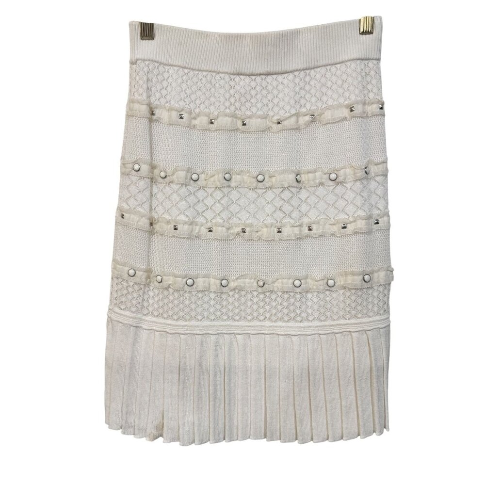Catherine Malandrino Viscose Knit Mini Skirt Women Off White Studs Pleated Hem P